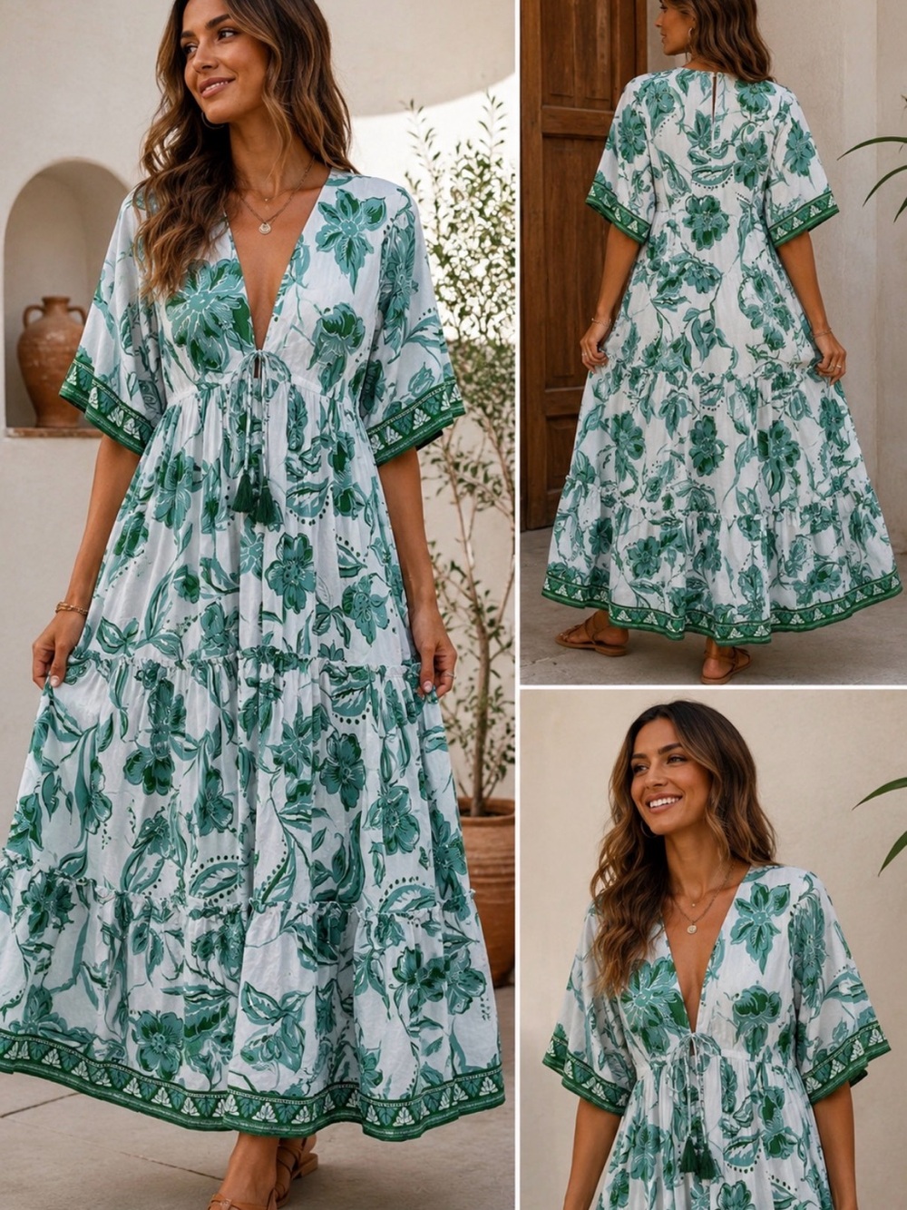 Haute Hippie Style Green Floral Boho Maxi Dress Tiered Tassel Tie XL